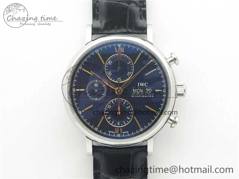 TimelessDesign Portofino Chrono SS ZF 1:1 Best Edition Blue Dial Gold Markers on Black Leather Strap A 7124