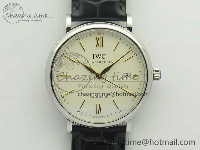 Bright Portofino IW356501 SS V3 MK 1:1 Best Edition White Dial Gold Markers On Black Leather Strap MIYOTA 7196