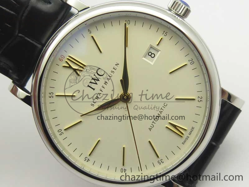 Bright Portofino IW356501 SS V3 MK 1:1 Best Edition White Dial Gold Markers On Black Leather Strap MIYOTA 7196