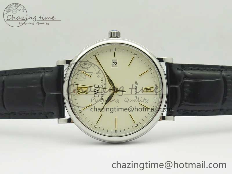 Bright Portofino IW356501 SS V3 MK 1:1 Best Edition White Dial Gold Markers On Black Leather Strap MIYOTA 7196