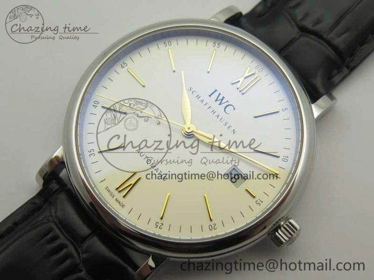 Bright Portofino IW356501 SS V3 MK 1:1 Best Edition White Dial Gold Markers On Black Leather Strap MIYOTA 7196