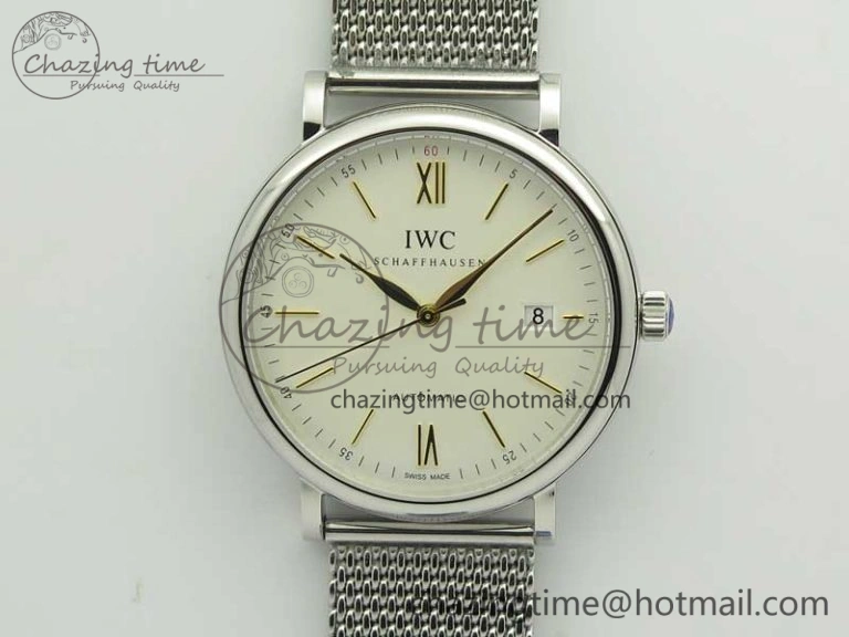 Fashionable Portofino IW356501 SS V3 MK 1:1 Best Edition White Dial Gold Markers On SS Mesh Bracelet MIYOTA 7197