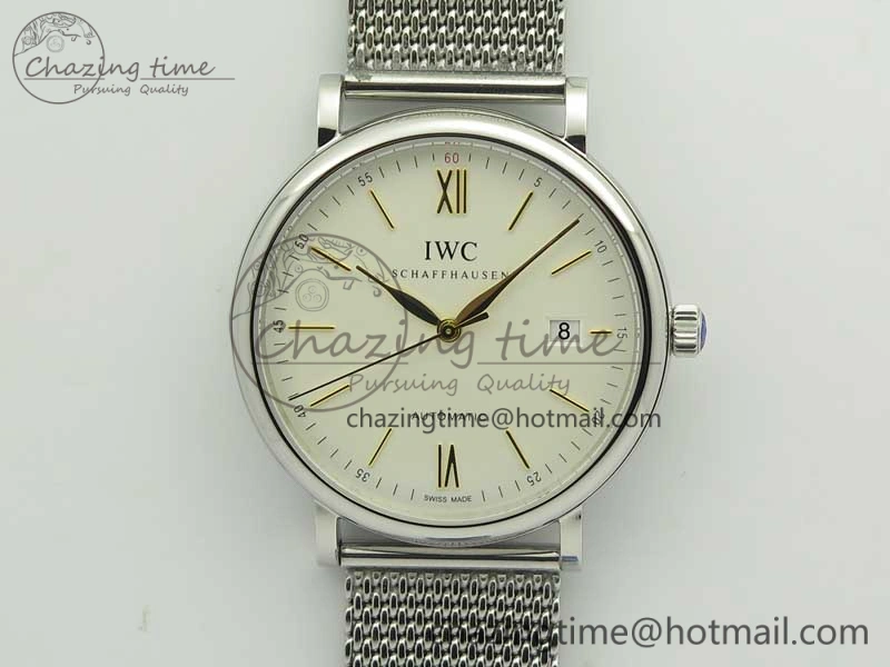 Fashionable Portofino IW356501 SS V3 MK 1:1 Best Edition White Dial Gold Markers On SS Mesh Bracelet MIYOTA 7197