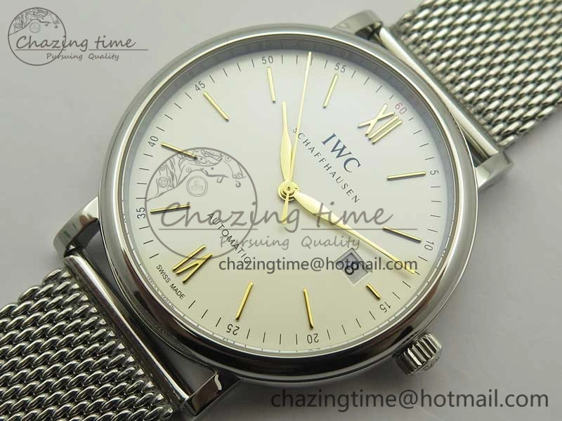 Fashionable Portofino IW356501 SS V3 MK 1:1 Best Edition White Dial Gold Markers On SS Mesh Bracelet MIYOTA 7197