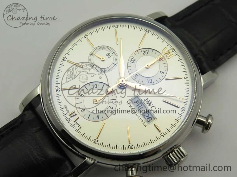 Affordable Portofino IW391022 SS ZK 1:1 Best Edition White Dial Gold Markers On Black Leather Strap A 7130