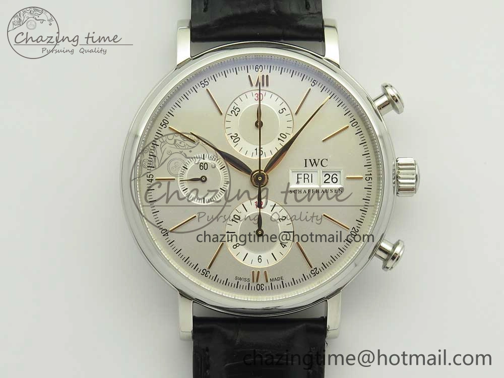 Affordable Portofino IW391022 SS ZK 1:1 Best Edition White Dial Gold Markers On Black Leather Strap A 7130