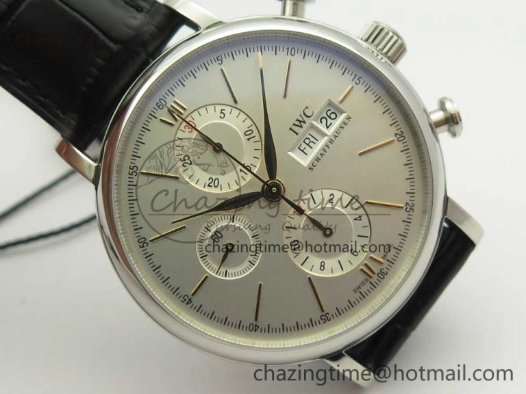 Affordable Portofino IW391022 SS ZK 1:1 Best Edition White Dial Gold Markers On Black Leather Strap A 7130