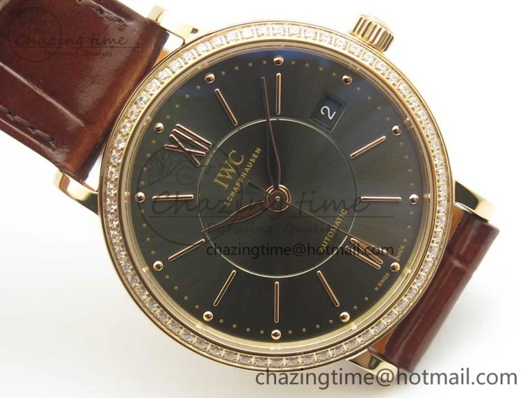 MultiPurpose Portofino IW458101 Diamond Bezel RG MK 1:1 Best Edition Gray Dial On Brown Leather Strap MIYOTA 7164
