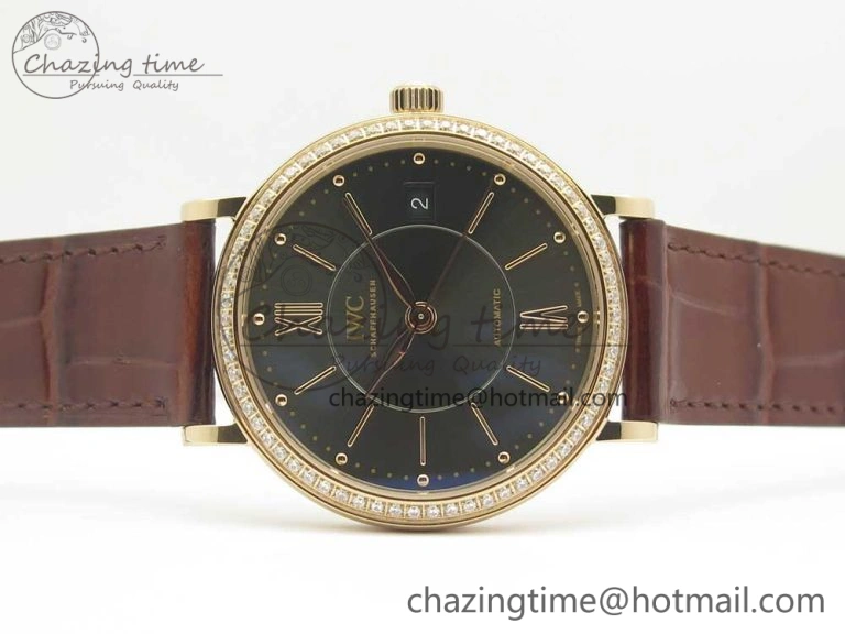 MultiPurpose Portofino IW458101 Diamond Bezel RG MK 1:1 Best Edition Gray Dial On Brown Leather Strap MIYOTA 7164