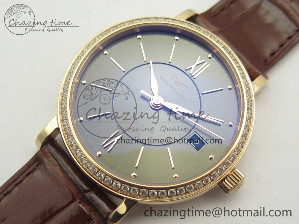MultiPurpose Portofino IW458101 Diamond Bezel RG MK 1:1 Best Edition Gray Dial On Brown Leather Strap MIYOTA 7164