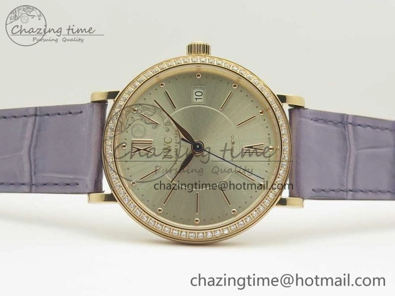 Sleek Portofino IW458101 Diamond Bezel RG MK 1:1 Best Edition Silver Dial On Purple Leather Strap MIYOTA 10649