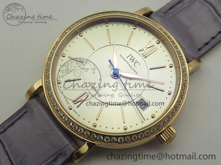 Sleek Portofino IW458101 Diamond Bezel RG MK 1:1 Best Edition Silver Dial On Purple Leather Strap MIYOTA 10649