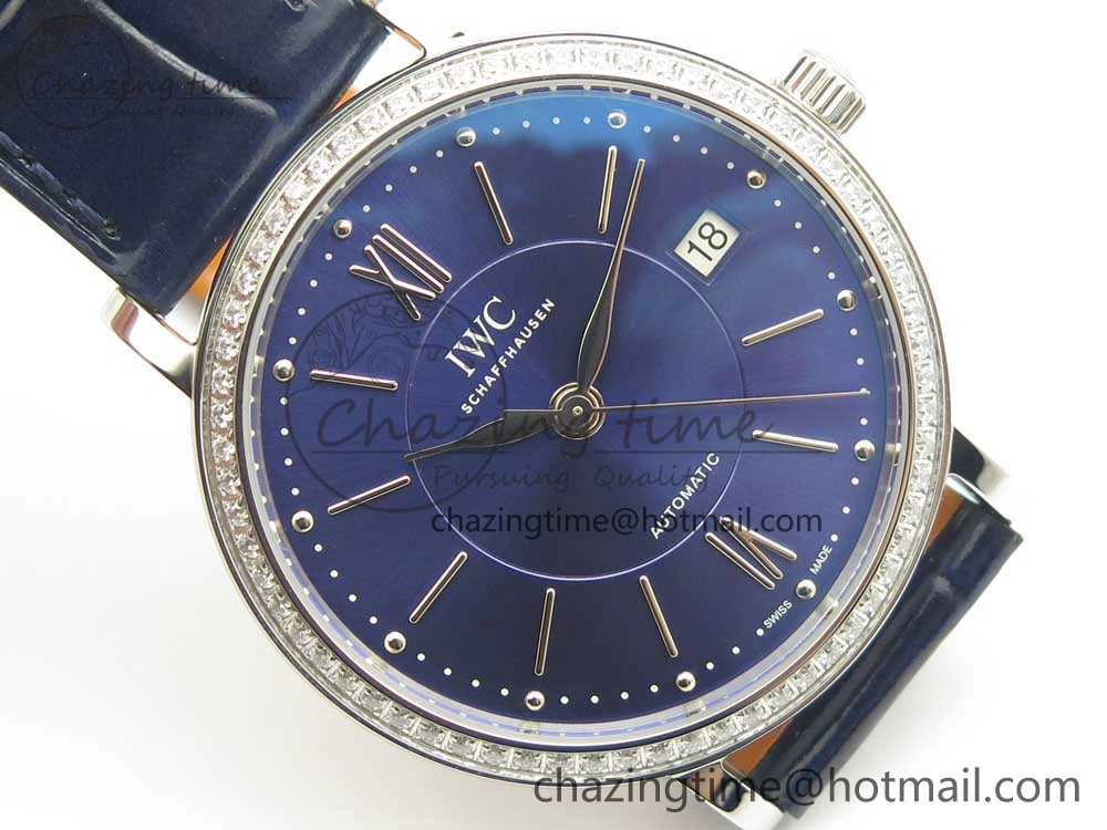 Breathable Portofino IW458101 Diamond Bezel SS MK 1:1 Best Edition Blue Dial On Blue Leather Strap MIYOTA 7169