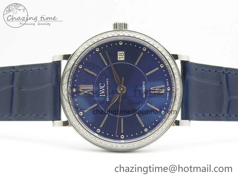Breathable Portofino IW458101 Diamond Bezel SS MK 1:1 Best Edition Blue Dial On Blue Leather Strap MIYOTA 7169