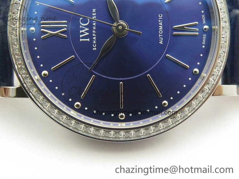 Breathable Portofino IW458101 Diamond Bezel SS MK 1:1 Best Edition Blue Dial On Blue Leather Strap MIYOTA 7169