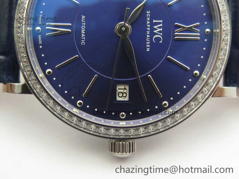 Breathable Portofino IW458101 Diamond Bezel SS MK 1:1 Best Edition Blue Dial On Blue Leather Strap MIYOTA 7169