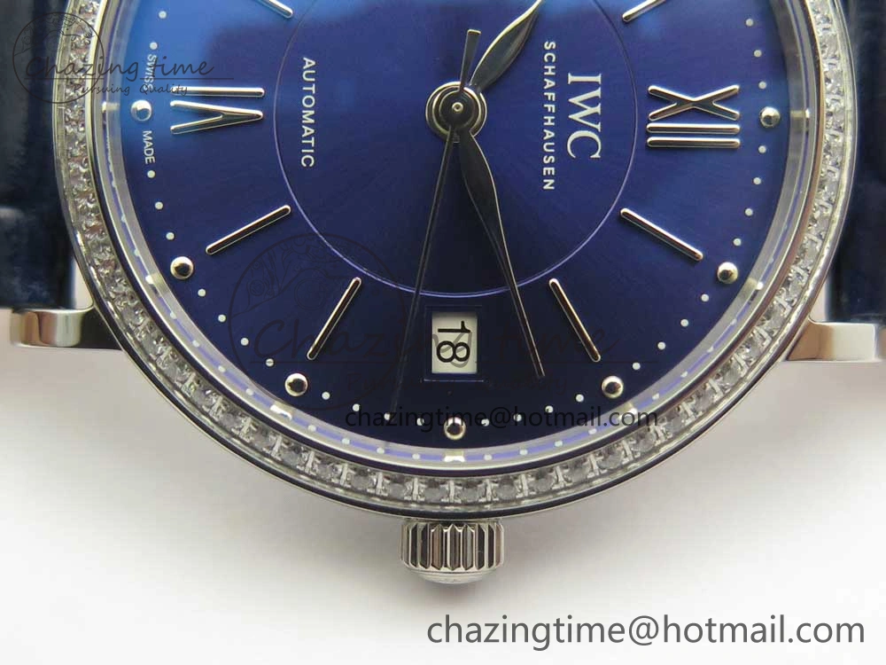 Breathable Portofino IW458101 Diamond Bezel SS MK 1:1 Best Edition Blue Dial On Blue Leather Strap MIYOTA 7169