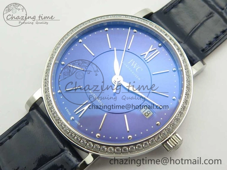 Breathable Portofino IW458101 Diamond Bezel SS MK 1:1 Best Edition Blue Dial On Blue Leather Strap MIYOTA 7169