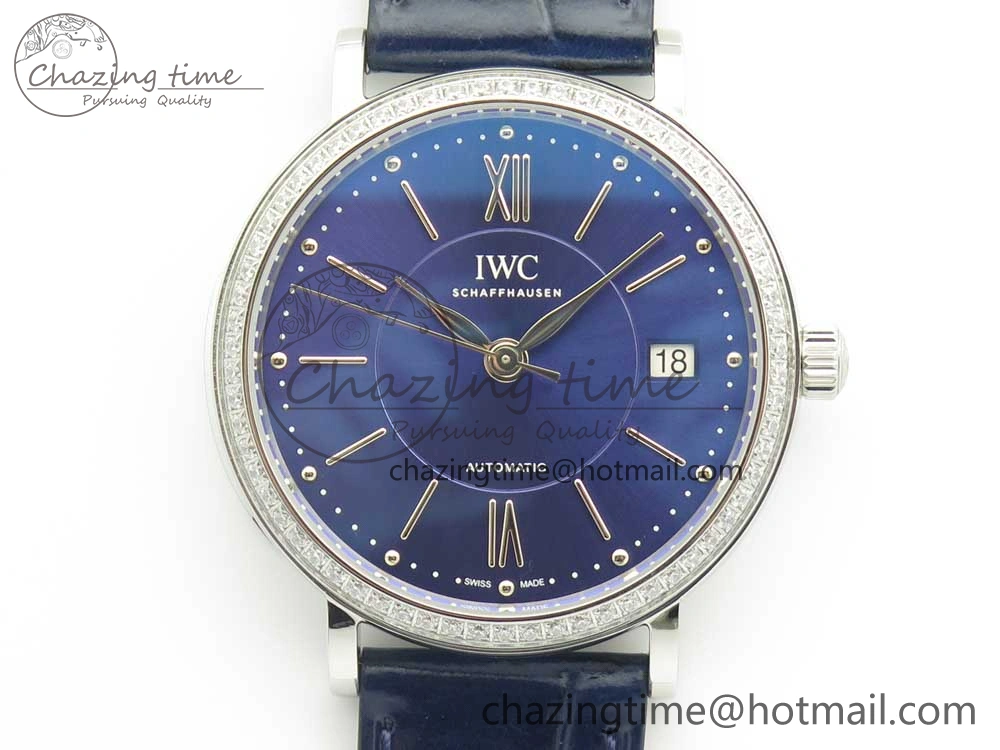 Breathable Portofino IW458101 Diamond Bezel SS MK 1:1 Best Edition Blue Dial On Blue Leather Strap MIYOTA 7169