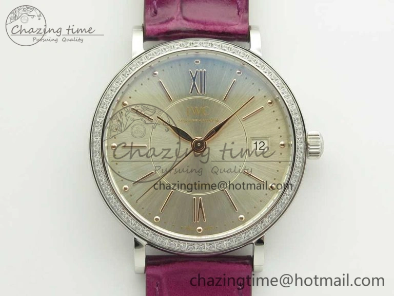 Portofino IW458101 Diamond Bezel SS MK 1:1 Best Edition Silver Dial On Purple Leather Strap MIYOTA Comfortable 10648