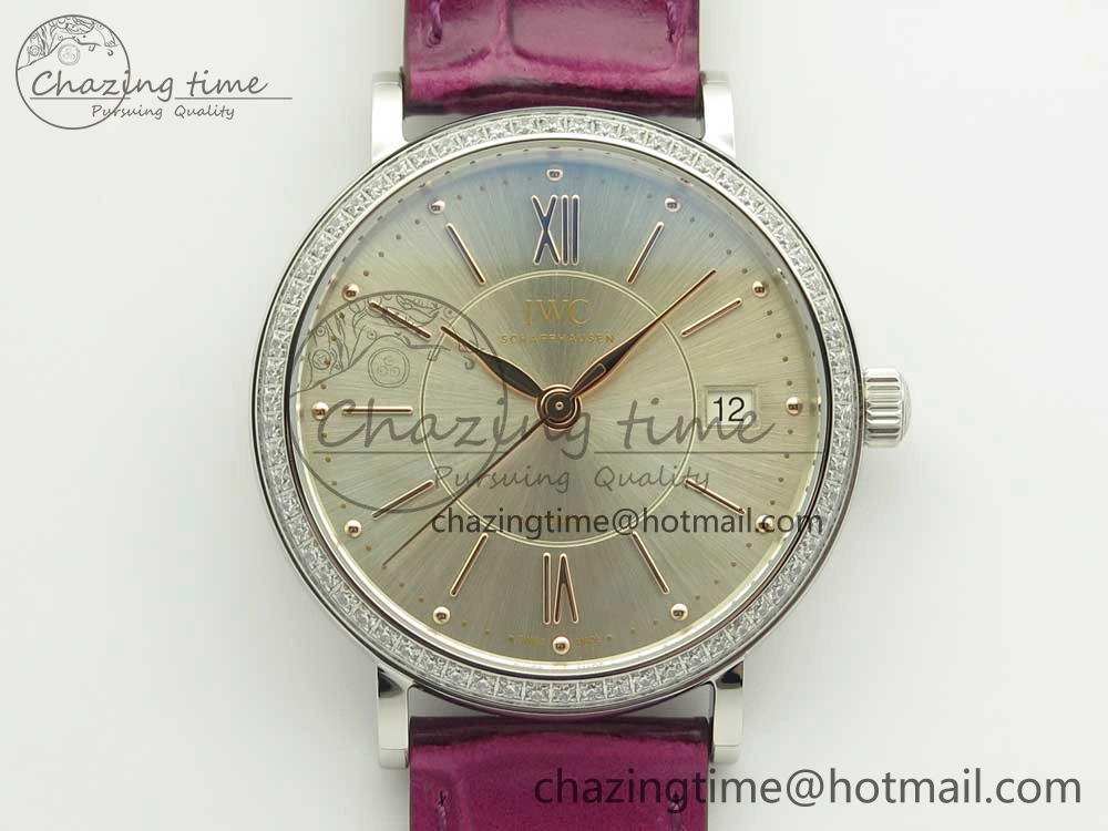 Stylish Portofino IW458101 Diamond Bezel SS MK 1:1 Best Edition Silver Dial On Purple Leather Strap MIYOTA 7166