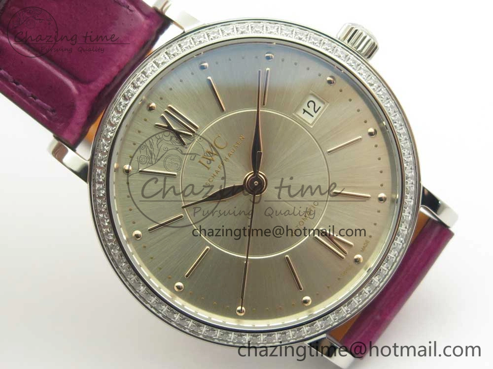 Stylish Portofino IW458101 Diamond Bezel SS MK 1:1 Best Edition Silver Dial On Purple Leather Strap MIYOTA 7166