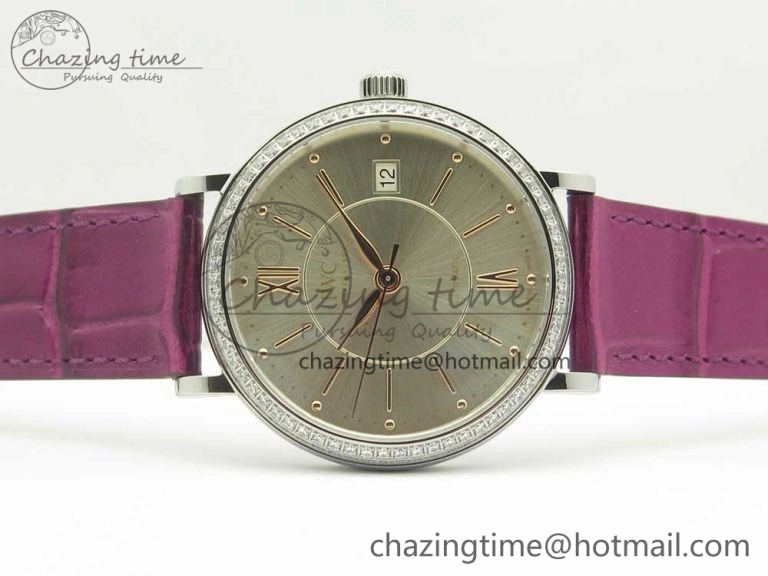 Stylish Portofino IW458101 Diamond Bezel SS MK 1:1 Best Edition Silver Dial On Purple Leather Strap MIYOTA 7166