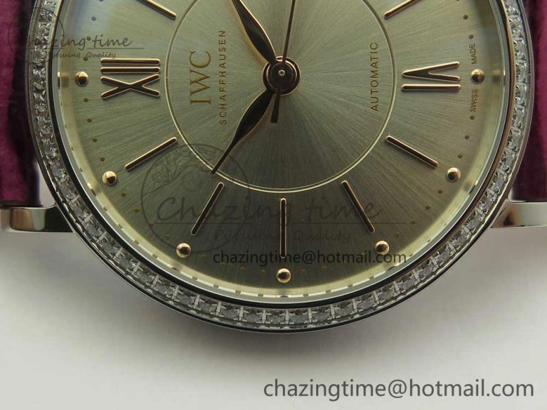 Stylish Portofino IW458101 Diamond Bezel SS MK 1:1 Best Edition Silver Dial On Purple Leather Strap MIYOTA 7166