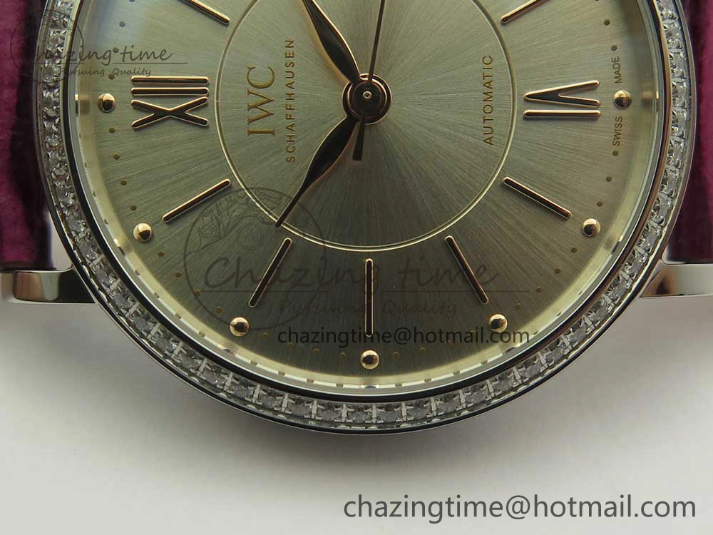 Stylish Portofino IW458101 Diamond Bezel SS MK 1:1 Best Edition Silver Dial On Purple Leather Strap MIYOTA 7166