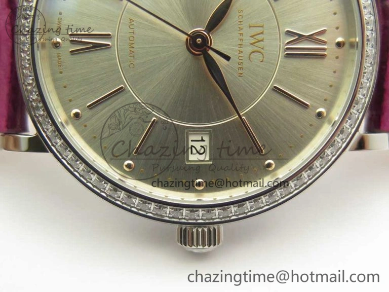 Stylish Portofino IW458101 Diamond Bezel SS MK 1:1 Best Edition Silver Dial On Purple Leather Strap MIYOTA 7166