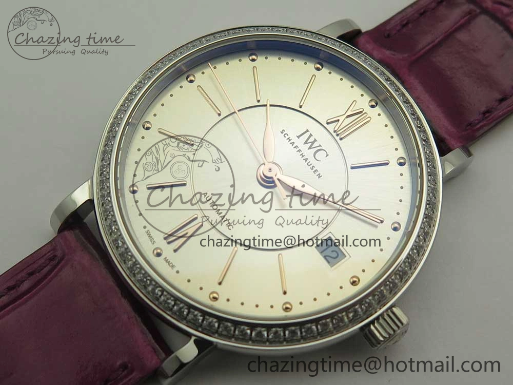 Stylish Portofino IW458101 Diamond Bezel SS MK 1:1 Best Edition Silver Dial On Purple Leather Strap MIYOTA 7166