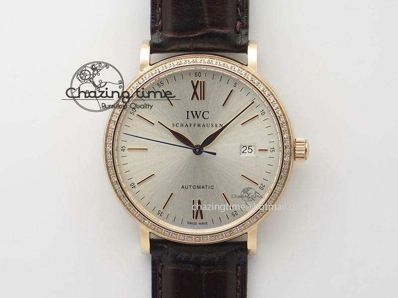 SmartChoice Portofino RG MKF 1:1 V2 Best Edition Diamond Bezel Silver Dial On Brown Leather Strap A 7343
