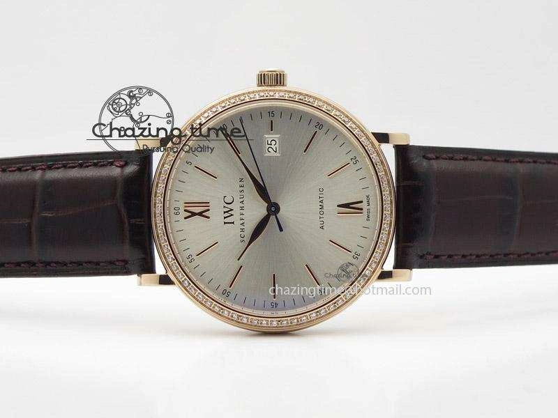 SmartChoice Portofino RG MKF 1:1 V2 Best Edition Diamond Bezel Silver Dial On Brown Leather Strap A 7343