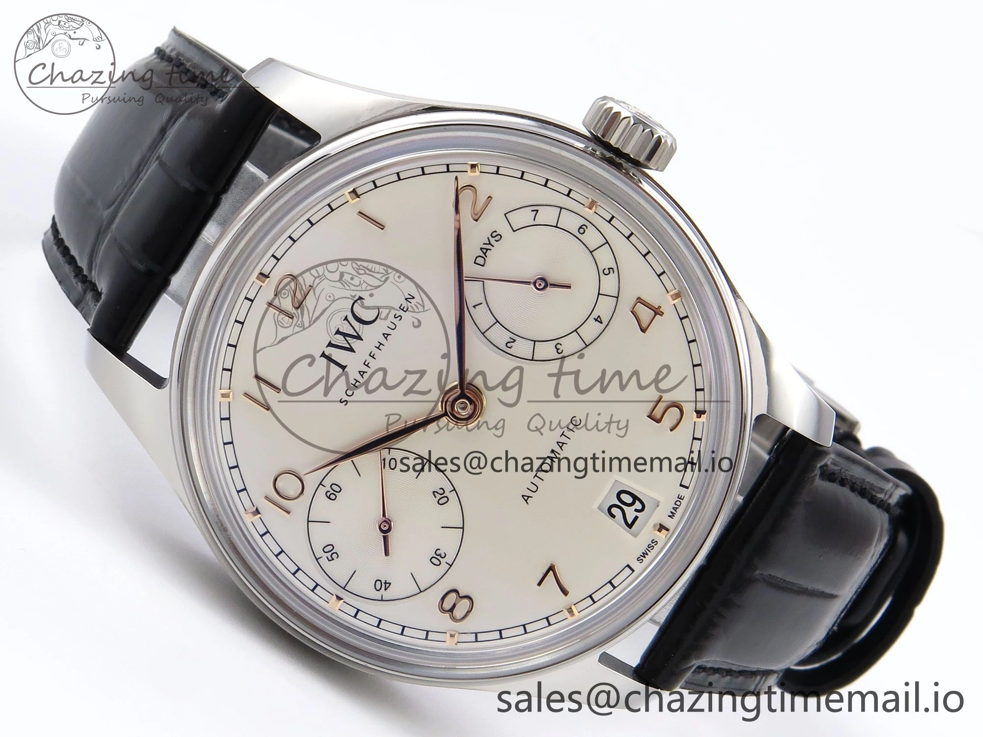 Portugieser Automatic 42mm SS APSF 1:1 Best Edition White RG Dial on Black Leather Strap A Flexible 7010
