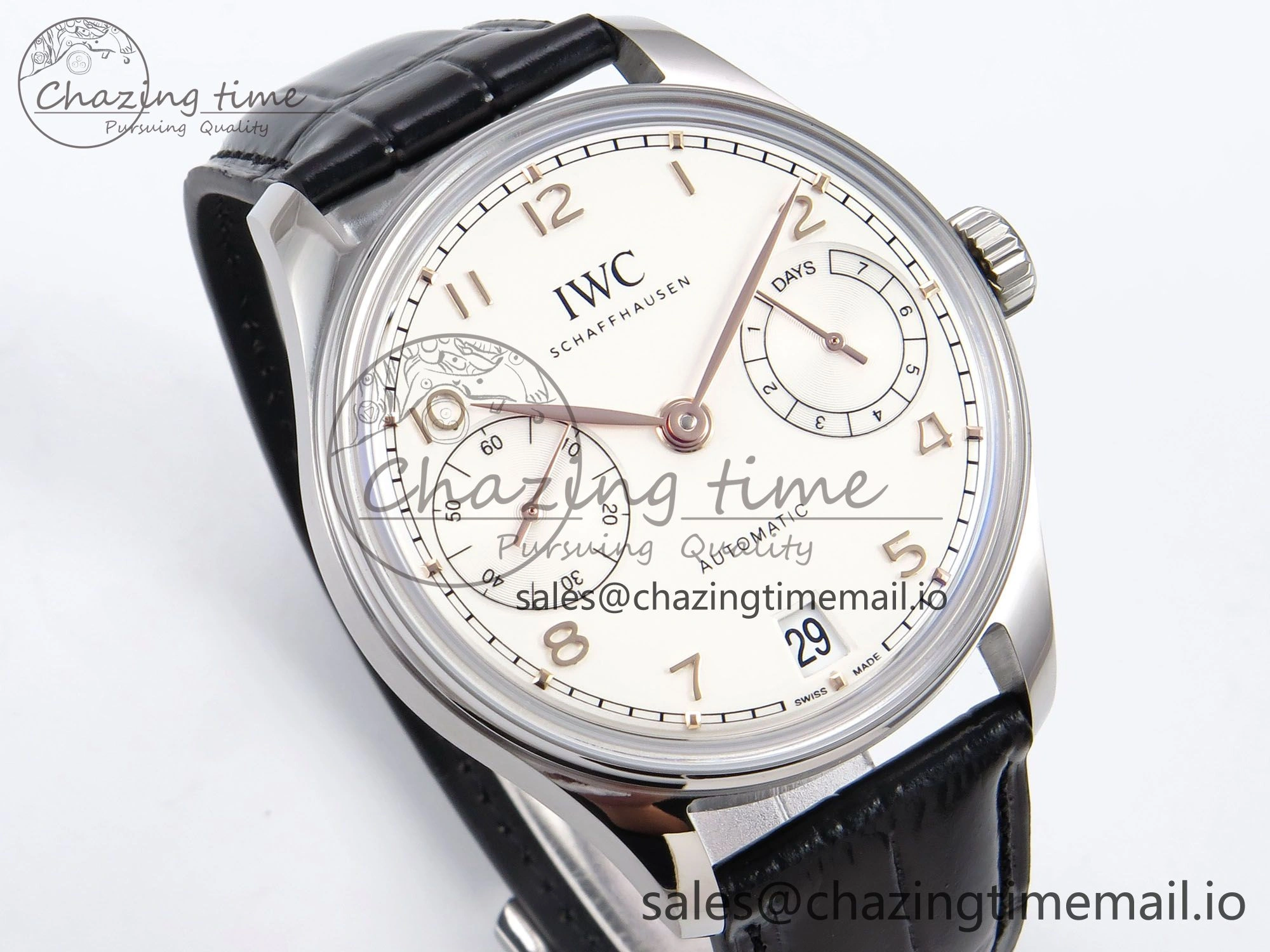 Portugieser Automatic 42mm SS APSF 1:1 Best Edition White RG Dial on Black Leather Strap A Flexible 7010