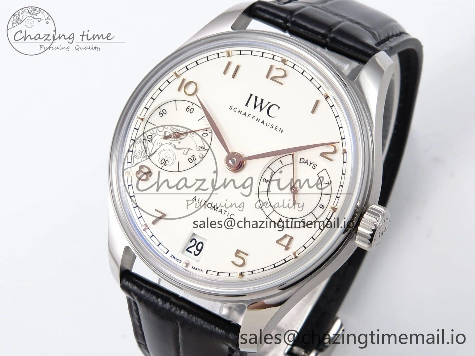 Portugieser Automatic 42mm SS APSF 1:1 Best Edition White RG Dial on Black Leather Strap A Flexible 7010