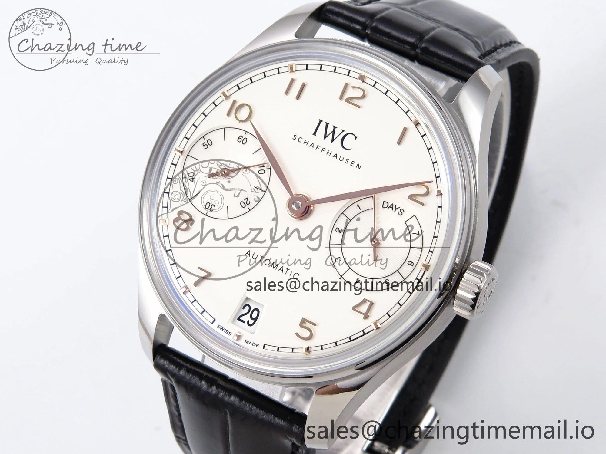 Portugieser Automatic 42mm SS APSF 1:1 Best Edition White RG Dial on Black Leather Strap A Flexible 7010