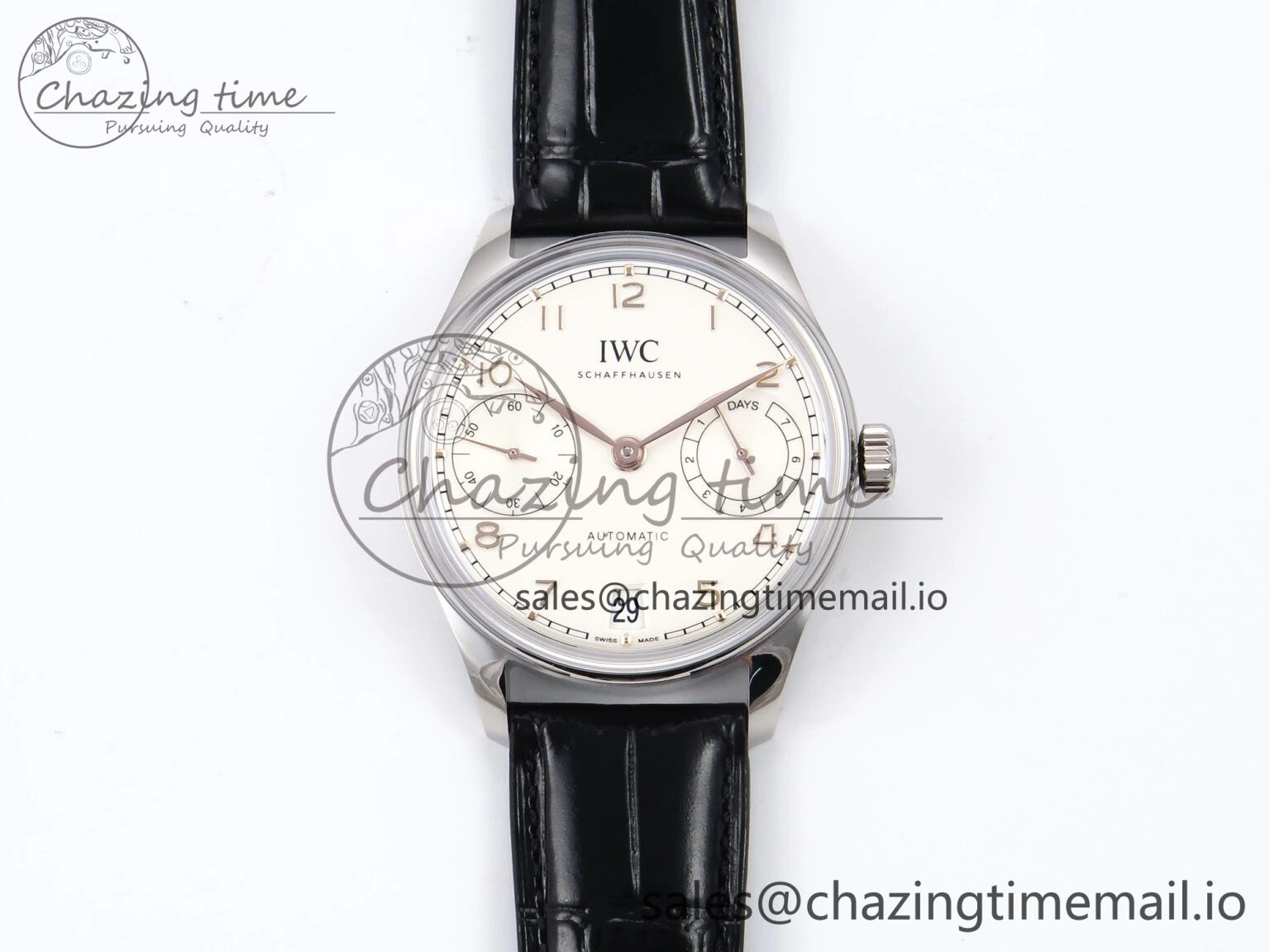 Portugieser Automatic 42mm SS APSF 1:1 Best Edition White RG Dial on Black Leather Strap A Flexible 7010