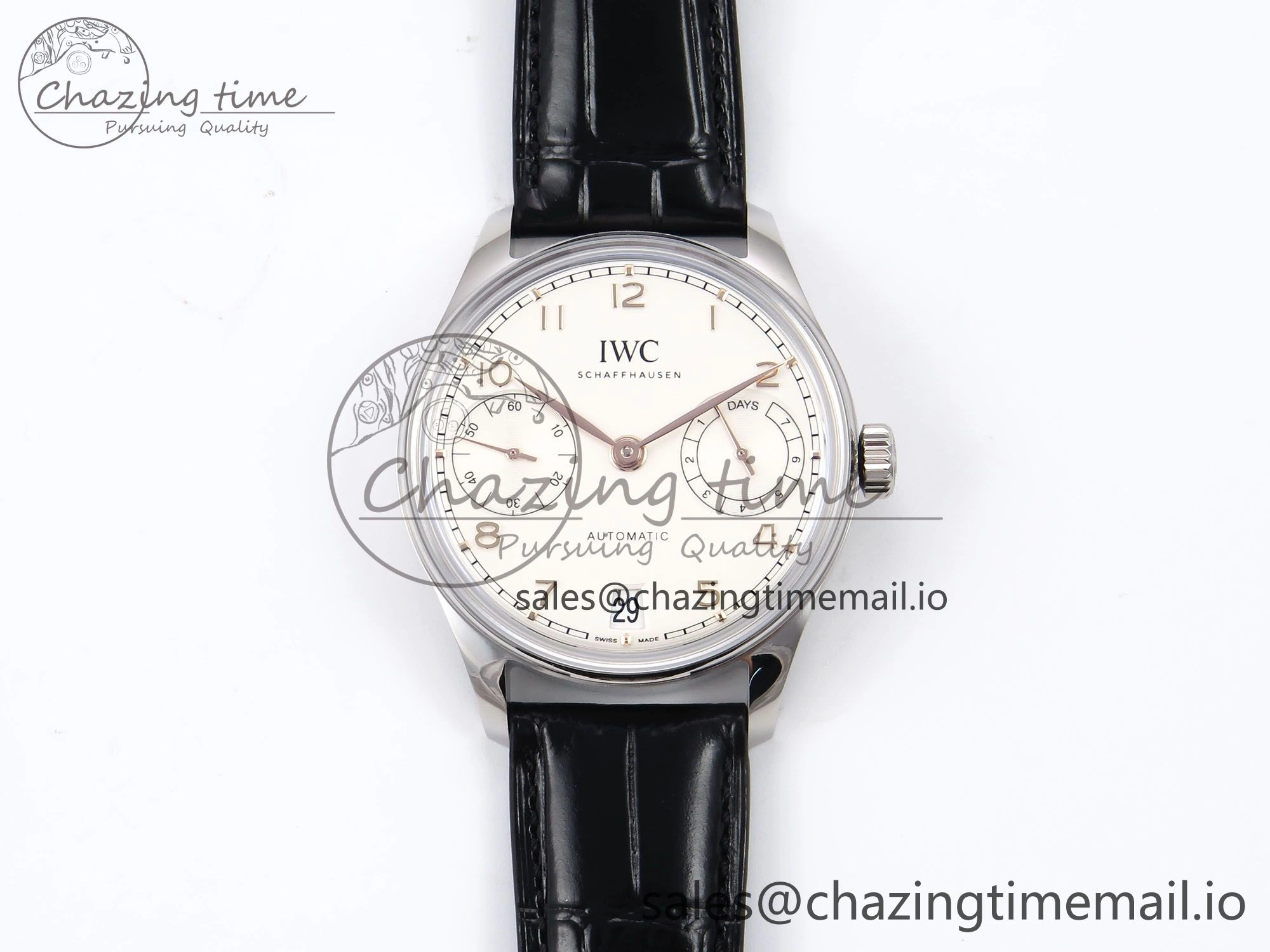 Portugieser Automatic 42mm SS APSF 1:1 Best Edition White RG Dial on Black Leather Strap A Flexible 7010