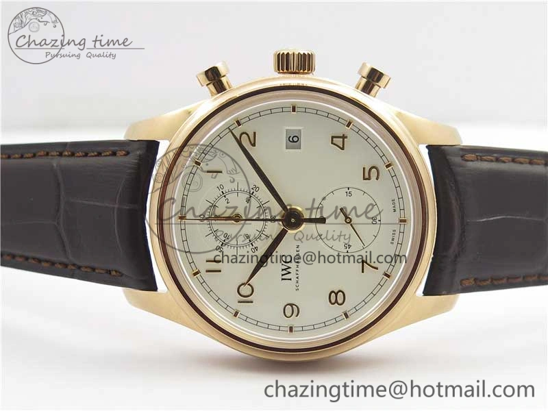Comfortable Portugieser Chrono  42 IW390406 RG ZF 1:1 Best Edition White Dial on Brown Leather Strap A 7123
