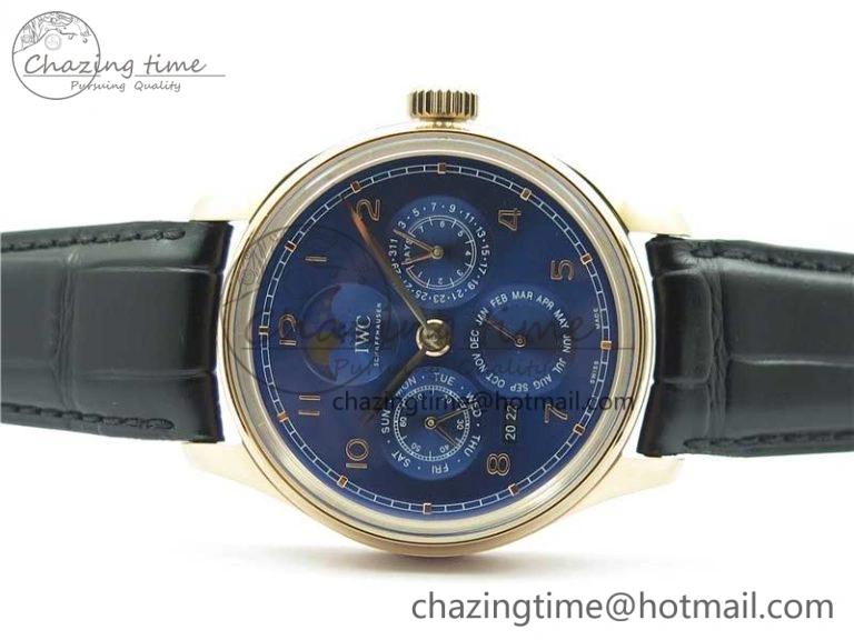 Stretchable Portugieser Perpetual Calendar IW503302 RG V9F 1:1 Best Edition Blue Dial on Black Leather Strap A 7098