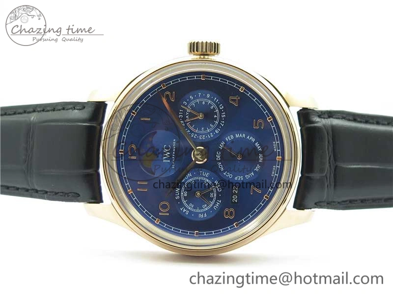 Stretchable Portugieser Perpetual Calendar IW503302 RG V9F 1:1 Best Edition Blue Dial on Black Leather Strap A 7098
