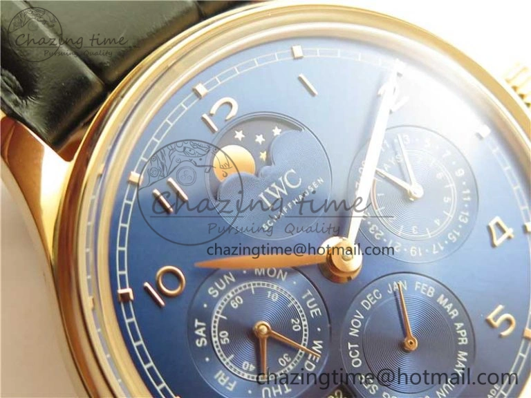 Stretchable Portugieser Perpetual Calendar IW503302 RG V9F 1:1 Best Edition Blue Dial on Black Leather Strap A 7098
