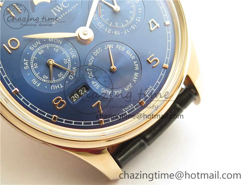 Stretchable Portugieser Perpetual Calendar IW503302 RG V9F 1:1 Best Edition Blue Dial on Black Leather Strap A 7098