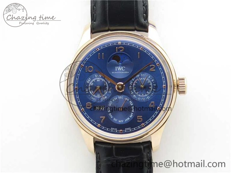 Stretchable Portugieser Perpetual Calendar IW503302 RG V9F 1:1 Best Edition Blue Dial on Black Leather Strap A 7098