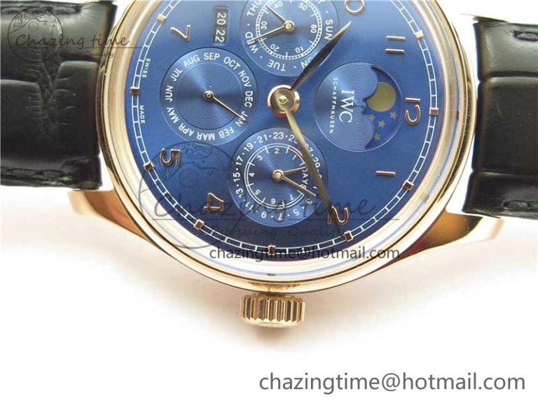 Stretchable Portugieser Perpetual Calendar IW503302 RG V9F 1:1 Best Edition Blue Dial on Black Leather Strap A 7098