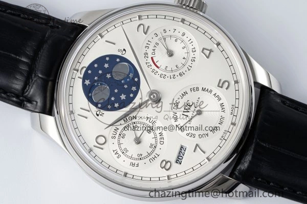 Portugieser Perpetual Calendar SS 5033 APSF 1:1 Best Edition White Dial on Black Leather Strap A52610 Clone Compact 7040