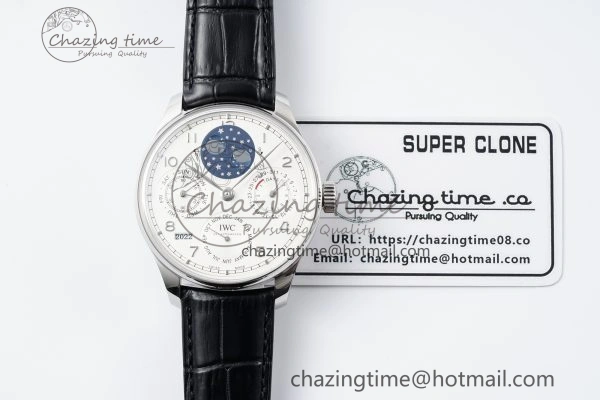 Portugieser Perpetual Calendar SS 5033 APSF 1:1 Best Edition White Dial on Black Leather Strap A52610 Clone Compact 7040