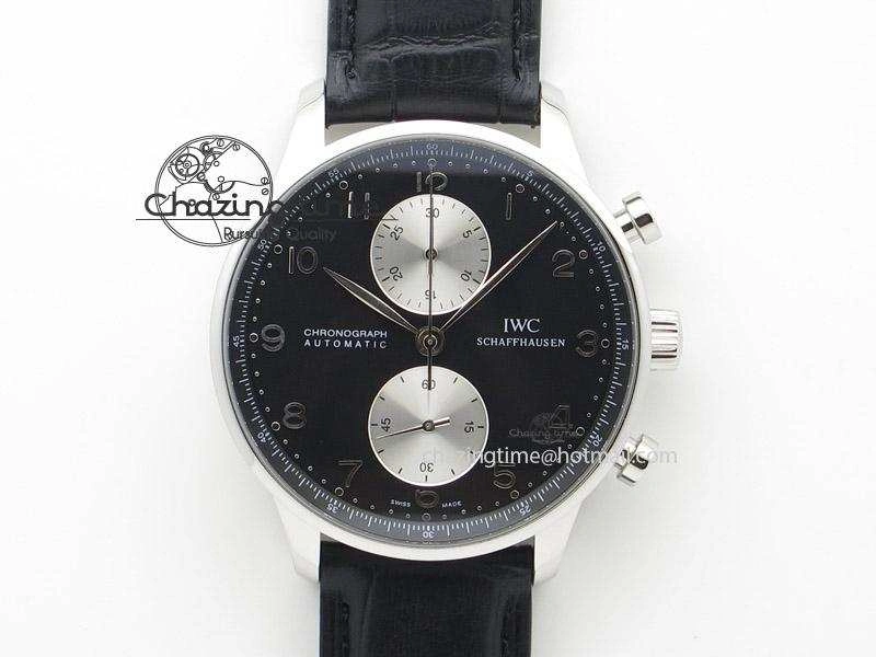 Neat Portuguese 40mm Chrono SS Black Dial On Black Leather Strap A 7382