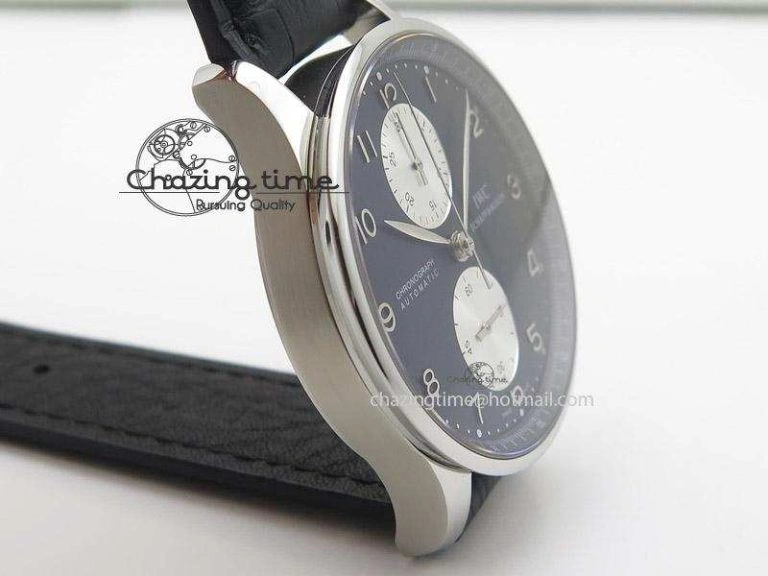 Neat Portuguese 40mm Chrono SS Black Dial On Black Leather Strap A 7382